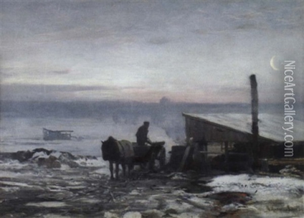 Bauerliches Pferdefuhrwerk In Winterlicher Landschaft Im Morgengrauen Oil Painting - Anders Andersen-Lundby
