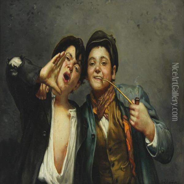 Two Boys With A Pipe Oil Painting - Vincenzo Busciolano