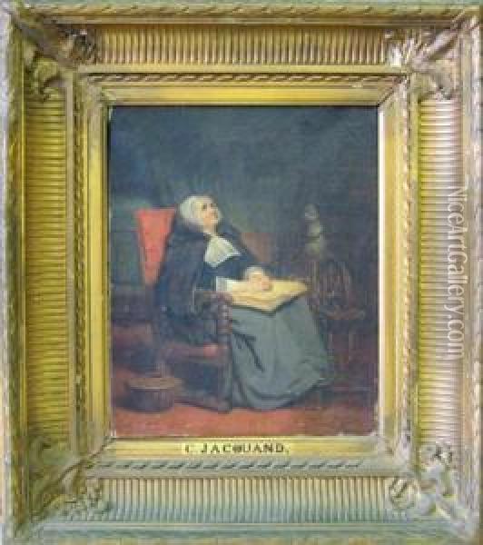 Seated Woman In Interior Oil Painting - Claude Jacquand
