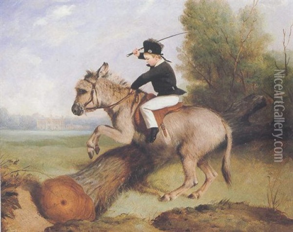 Portrait Of Thomas Walker Stubbs, As A Boy On A Donkey Jumping A Log Before A Country House Oil Painting - Henry Calvert