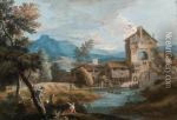 An Extensive Mountainous Landscape With A Mill By A Stream Oil Painting - Marco Ricci