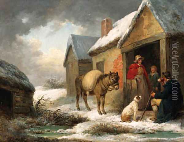 A traveller taking refreshment outside a cottage in winter Oil Painting - George Morland