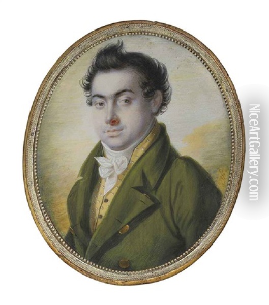A Young Gentleman, In Green Coat With Brass Buttons, Spotted Ochre Waistcoat, Tied White Cravat Oil Painting - Adalbert Suchy