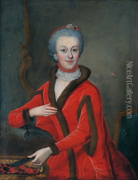 Bildnis Einer An Einem Kohlebecken Stehenden Jungen Dame In Rotem Pelzbesetztem Kleid Oil Painting - Johann Michael Millitz