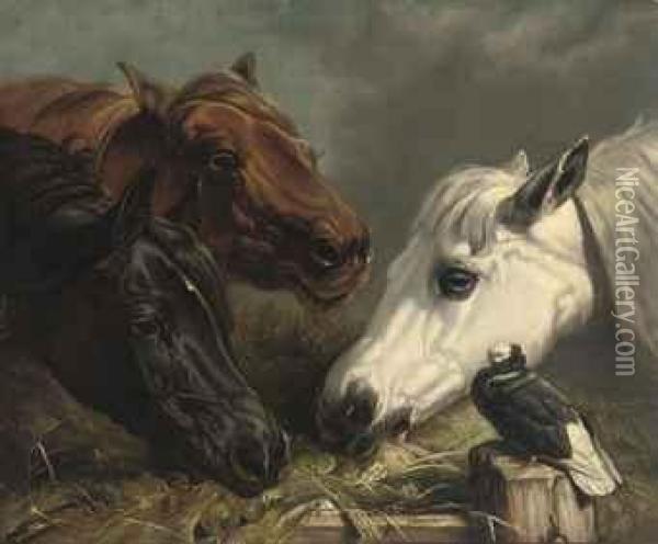 Three Horses At A Manger Oil Painting - John Frederick Herring Snr
