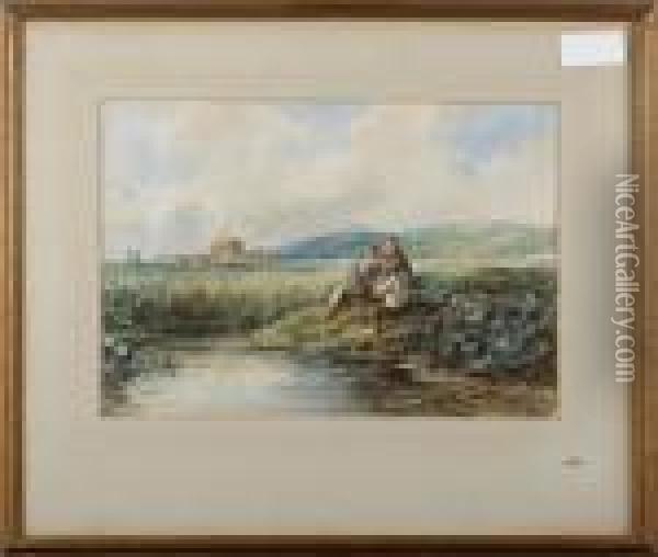 Boys Fishing, With Distant Hay Cart Oil Painting - David Cox