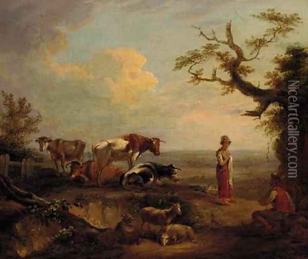 Figures and livestock resting in a landscape Oil Painting - English School