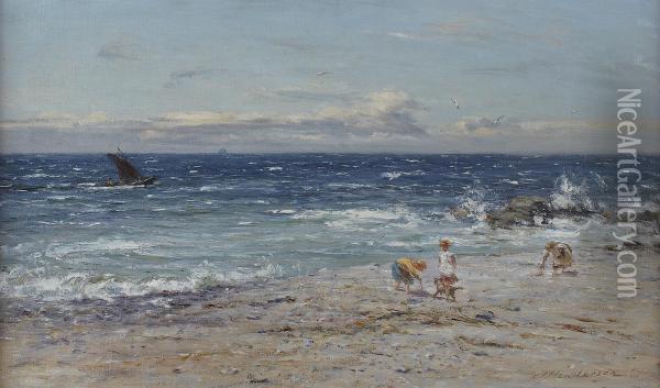 Children On The Beach Oil Painting - John Henderson