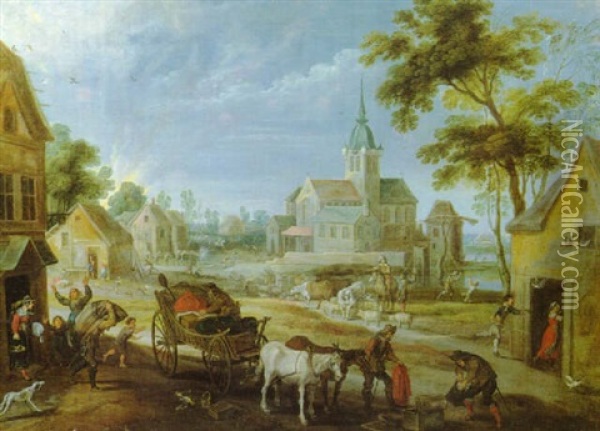 Flandrisches Dorf An Einem Flus Mit Bauern Und Plundernden Soldaten Oil Painting - Pieter van der Hulst the Elder