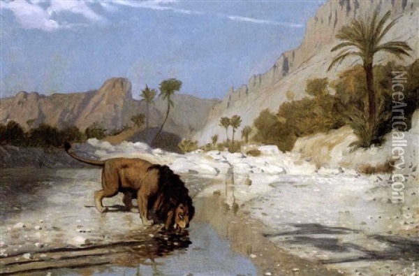 A Lion Drinking From A Desert Stream Oil Painting - Jean-Leon Gerome