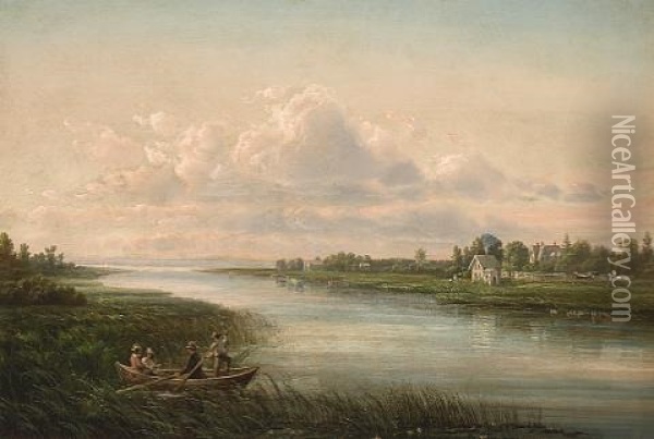 A River Scene With A House Oil Painting - Ferdinand Richardt
