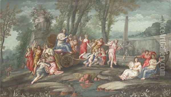 Venus and Cupid in a chariot attended by nymphs and muses Oil Painting - French School
