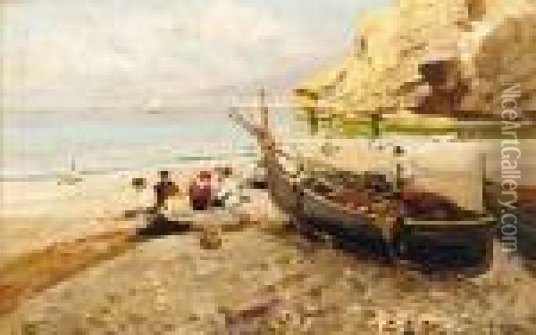 Fishermen On The Beach, Capri Oil Painting - Attilio Pratella