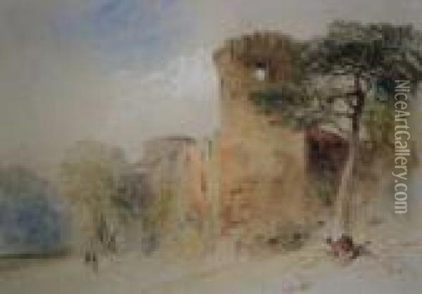 Figures By A Ruined Castle Oil Painting - William Callow