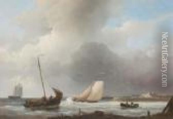 Sailing Boats Off The Dutch Coast Oil Painting - Abraham Hulk Jun.