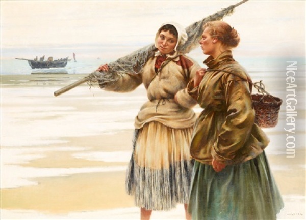 Fiskarflickor I Bretagne Oil Painting - August Vilhelm Nikolaus Hagborg