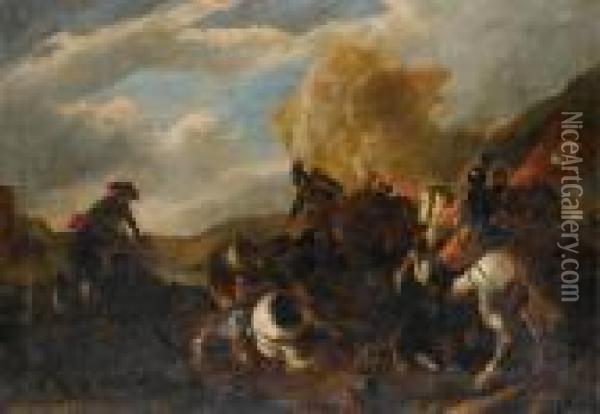 A Cavalry Battle In An Extensivelandscape Oil Painting - Marzio Masturzio