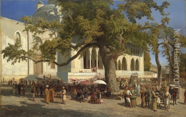 A Busy Market In The Courtyard Of The New Mosque, Istanbul Oil Painting - Karl Paul Themistocles von Eckenbrecher