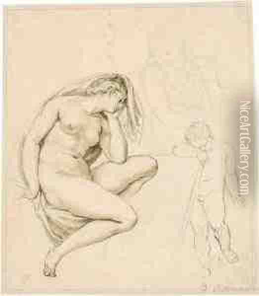 Nackte Trauernde, Sitzend, In Ganzer Figur, Nach Rechts, Mit Zwei Weiteren Figuren Oil Painting - Giovanni Batista Cipriani