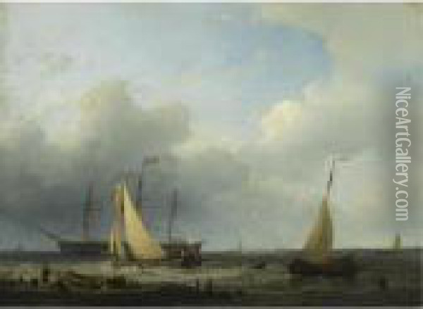 Fishing Boats And A Frigate On Choppy Waters Oil Painting - Abraham Hulk Jun.