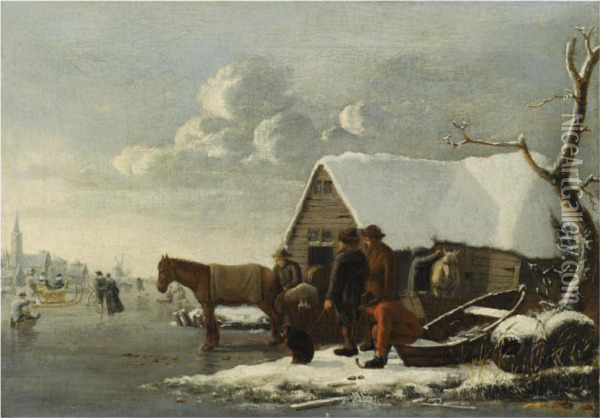 A Winter Landscape With Figures And Horses Near A Barn, Skaters On A Frozen Lake, A Church Beyond Oil Painting - Hendrick Dubbels