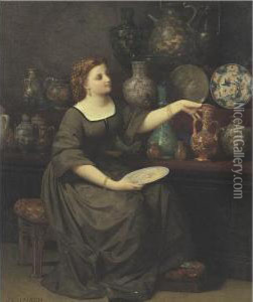 A Lady Seated Admiring A Vase Oil Painting - Jean-Louis Hamon