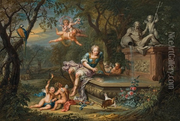 Narzissus At The Fountain Oil Painting - Johann Georg Platzer