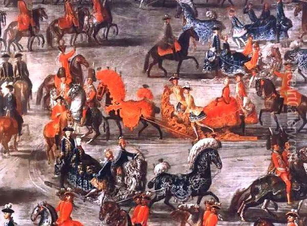 The Imperial Sleigh Ride on the occasion of the marriage of Emperor Joseph II of Austria to his 2nd wife Maria Josepha von Bayern: detail of the sleighs Oil Painting - J.C. & Purgau, F.M.A. Auerbach