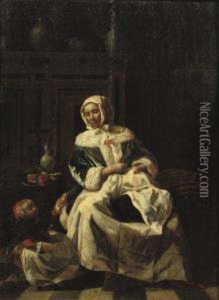 A Woman Seated In A Chair Sawing With A Child By Her Side In An Interior Oil Painting - Jan or Joan van Noordt