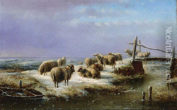 Sheep In A Winterlandscape Oil Painting - Bernardus Gerardus Ten Berge