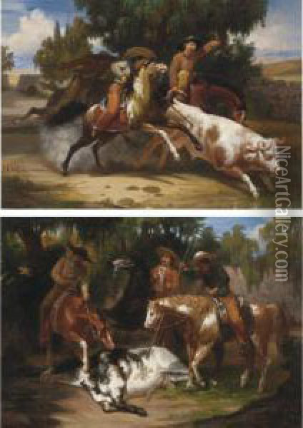 A Pair: Lanceando Un Toro And La Muerte Del Toro Oil Painting - Juan Urruchi