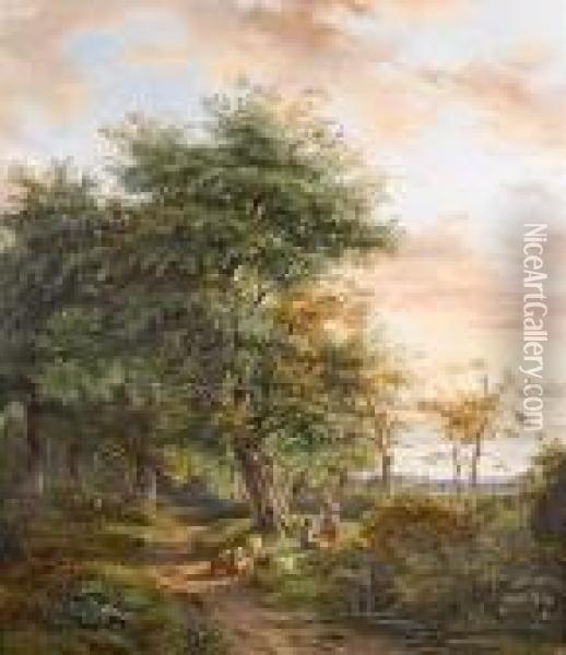 Travellers At Rest In A Wooded Landscape Oil Painting - Jan Gijsb. Van Ravenswaay