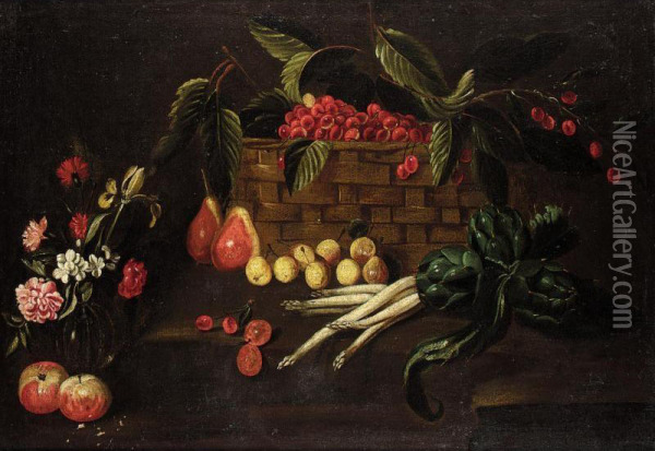 A Still Life With Cherries In A Basket, Together With Various Fruit And Vegetables, Flowers In A Glass Vase, All Upon A Stone Ledge Oil Painting - Master Of The Acquavella Still Life