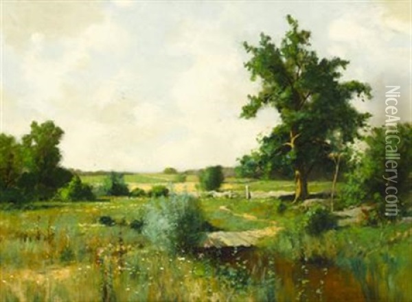 Landscape With Footbridge Oil Painting - Bruce Crane