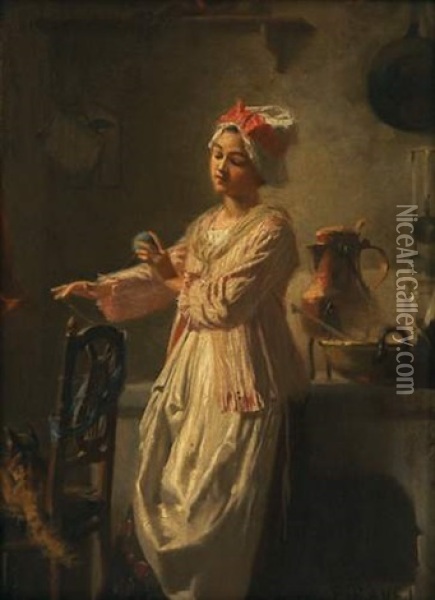 La Fileuse De Laine Oil Painting - Edouard John E. Ravel