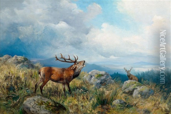 Bellowing Stag Oil Painting - Ludwig Benno Fay