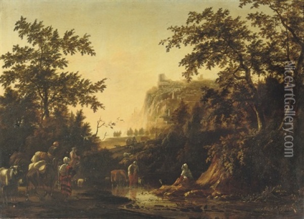 An Italianate Landscape With A Peasant Family And Their Cattle Fording A Stream, A Fortress On A Rock Beyond Oil Painting - Johannes van der Bent