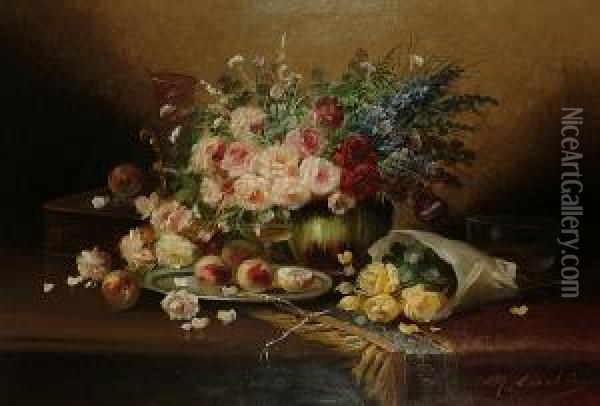 An Impressive Still Life Of Flowers And Peaches On A Table Oil Painting - John Carlin