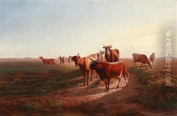 A Shepherd With His Cattle On A Field Oil Painting - Vilhelm (Joh. V.) Zillen