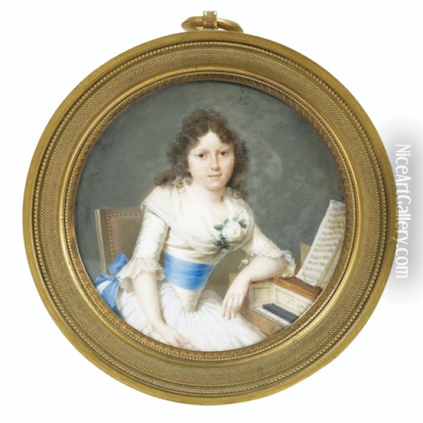 Une Jeune Femme Accoudee A Son Clavecin Oil Painting - Louis Ami Arlaud-Jurine