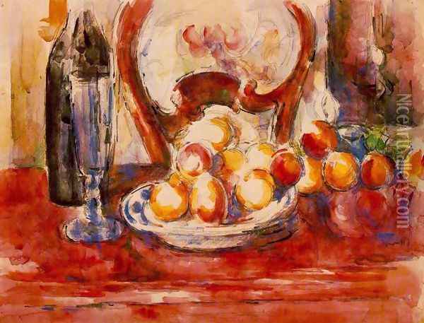Still Life Apples A Bottle And Chairback Oil Painting - Paul Cezanne