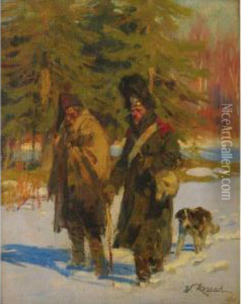 The French Old Guard Retreating From Russia Oil Painting - Woiciech Ritter Von Kossak