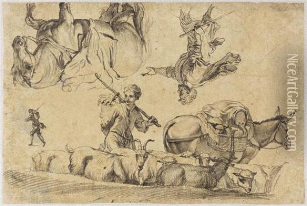 Study Sheet With Herdsmen, Flock Of Sheep, Mule And Horse Oil Painting - Johann Rudolf Huber