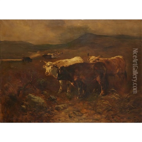 Cows In A Field Oil Painting - Henry Schouten