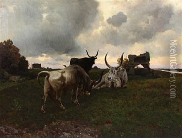 Landscape With Cattle On A Cloudy Day Oil Painting - Jules Didier