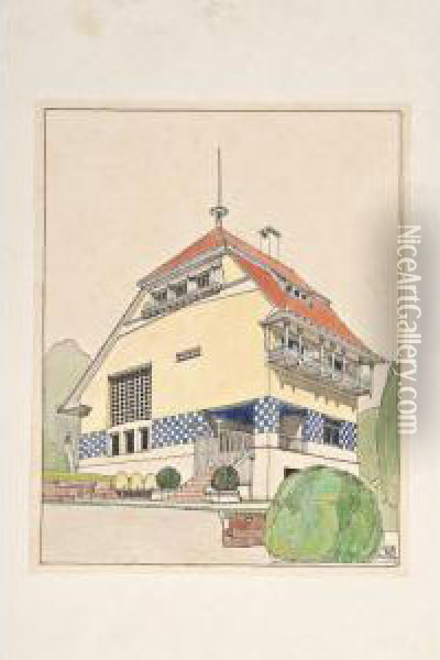 An Important Original Design For Olbrich's House, Mathildenhohe, Darmstadt Oil Painting - Joseph Maria Olbrich