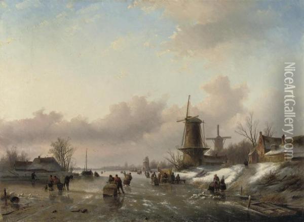 Figures On The Ice With A Koek-en-zopie And Windmills Oil Painting - Jan Jacob Coenraad Spohler