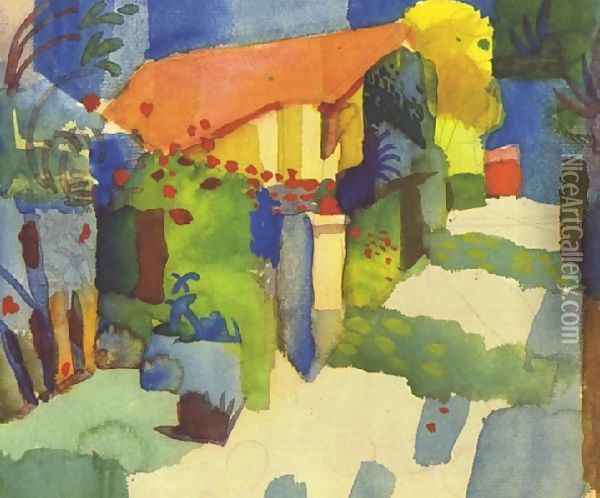 House In The Garden Oil Painting - August Macke