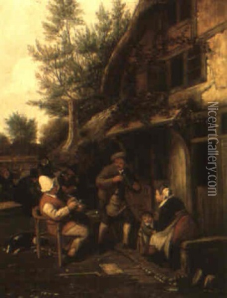 A Village Scene With A Family Sitting Outside A House With Revellers Beyond Oil Painting - Cornelis Dusart