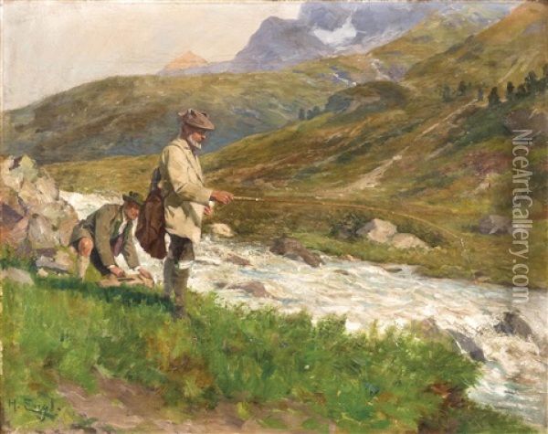 Zwei Fischer Am Gebirgsbach Oil Painting - Hugo Engl